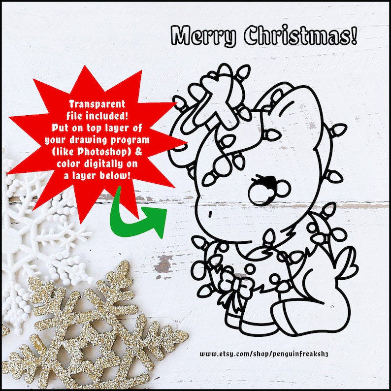 May include: A black and white digital line art illustration of a pony tangled in Christmas lights, featuring the text Merry Christmas and a red starburst graphic with instructions for digital coloring and a website URL at the bottom.
