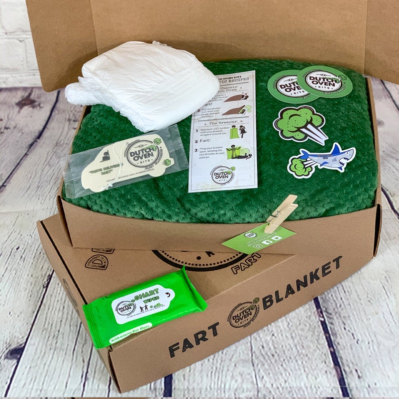 Deluxe Fart Blanket Gift Box by Dutch Oven Kits Funny Birthday Gift Unique Christmas Present White Elephant Gifts for Guys Women Teens Kids Tactical Green