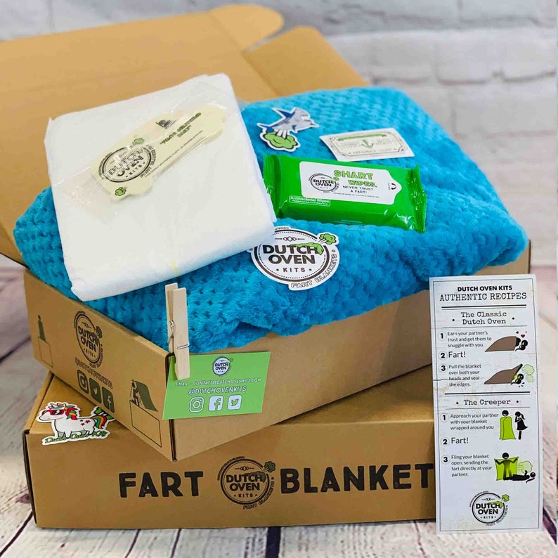 Deluxe Fart Blanket Gift Box by Dutch Oven Kits Funny Birthday Gift Unique Christmas Present White Elephant Gifts for Guys Women Teens Kids Breakwind Blue