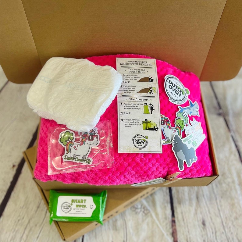 Deluxe Fart Blanket Gift Box by Dutch Oven Kits Funny Birthday Gift Unique Christmas Present White Elephant Gifts for Guys Women Teens Kids Hot Pink