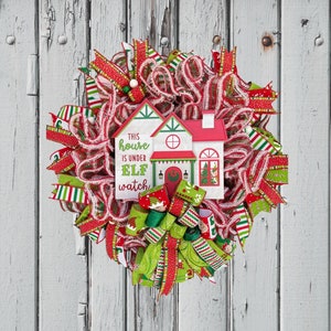 Elf Christmas House Wreath, Holiday Front Door Decor, Seasonal Porch Decoration, Xmas Wall Hanger, Gail's Crafty Designs