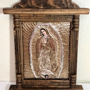 Rustic Wood Frame with Virgin de Guadalupe in Embossed Aluminum Beautifully Handmade