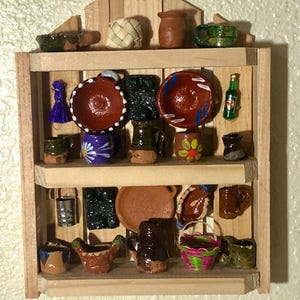 Mexican Kitchen Trastero Wall Shelf 3-Tier Wooden Trasterito with Miniature Clay Accessories