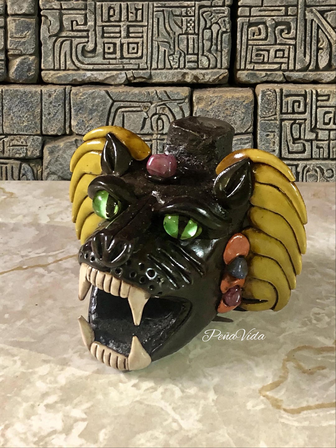 Aztec Wolf Whistle With Penacho XL - Teotihuacan Decorated - Etsy