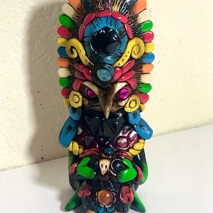 Aztec Eagle Warrior Solid Obsidian Statue - Teotihuacan Decorated- Features an Owl on its Hands