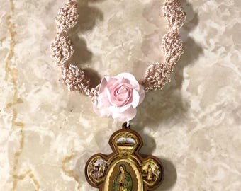 Hand Crocheted Mini Rosary with Virgin de Guadalupe Cross - Car/Door Blessing