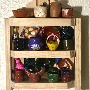 Mexican Kitchen Trastero Wall Shelf 3-Tier Wooden Trasterito with Miniature Clay Accessories