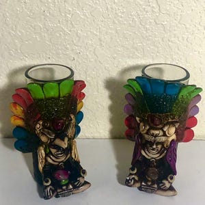 Set of 2 Aztec Shot Glasses- Teotihuacan Decorated Jaguar Warrior & Eagle Warrior