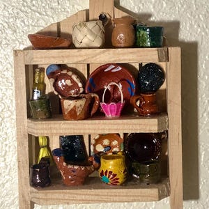 Mexican Kitchen Trastero Wall Shelf 3-Tier Wooden Trasterito with Miniature Clay Accessories