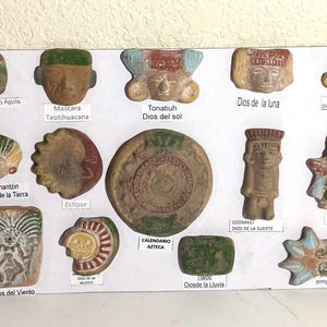 May include: A collection of 14 small, colorful, ceramic figurines depicting various deities and symbols from Aztec mythology. The figurines are arranged on a white background with text labels identifying each one.