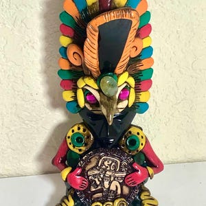 Aztec Eagle Warrior Solid Obsidian Statue - Teotihuacan Decorated- Features an Owl on its Hands