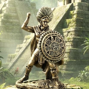 May include: A bronze-colored statue of an Aztec warrior, holding a shield with a sun design. The warrior is adorned with a feathered headdress and cape. The statue is set against a backdrop of an ancient temple and lush greenery.