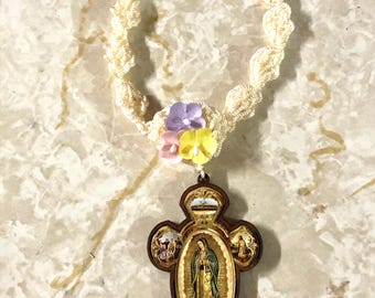 Hand Crocheted Mini Rosary with Virgin de Guadalupe Cross - Car/Door Blessing