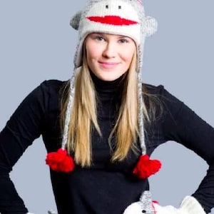 Wool Knitted Fleece Lined Sock Monkey Pilot Earflap Hat