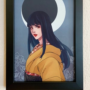 Femme au clair de lune en kimono avec fleurs de prunier, mini impression originale pour mur ou bureau