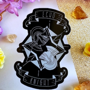 May include: Black and white sticker with a knight's helmet and the text "Echo Knight" in a banner.