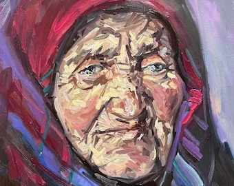Original Oil Painting Portrait, Expressive Impressionist Old Woman Art, Figurative Wall Art