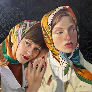 Retrato al óleo original de dos mujeres con pañuelos coloridos en la cabeza. Arte realista. imagen 2