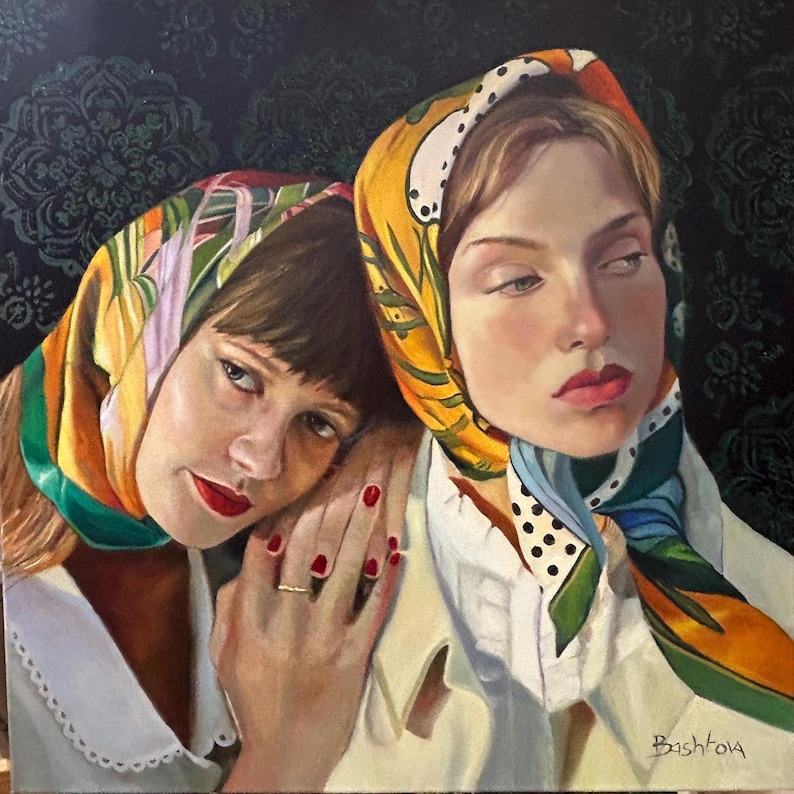 Retrato al óleo original de dos mujeres con pañuelos coloridos en la cabeza. Arte realista. imagen 2