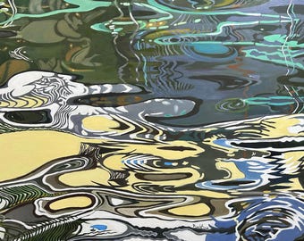 Original Abstract Water Reflection Oil Painting, Blue Green Contemporary Wall Art