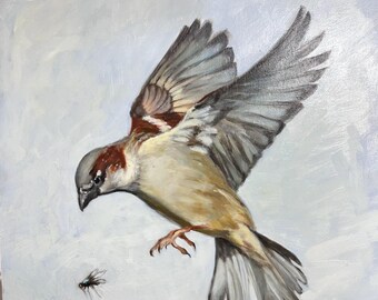 Pintura al óleo original de gorrión, arte de animales salvajes, panel de madera de 30 x 30 cm, arte de pared natural
