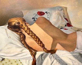 Original Oil Painting Sleeping Woman, Romantic Bedroom Wall Art, Feminine Interior Decor 36x36