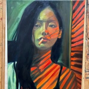 Oil Painting on canvas portrait Smoking woman Wall decor Face Painting Asian Female Painting Hand Painted image 7