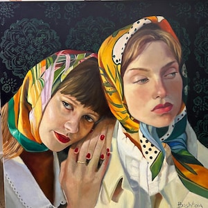 Retrato al óleo original de dos mujeres con pañuelos coloridos en la cabeza. Arte realista. imagen 1