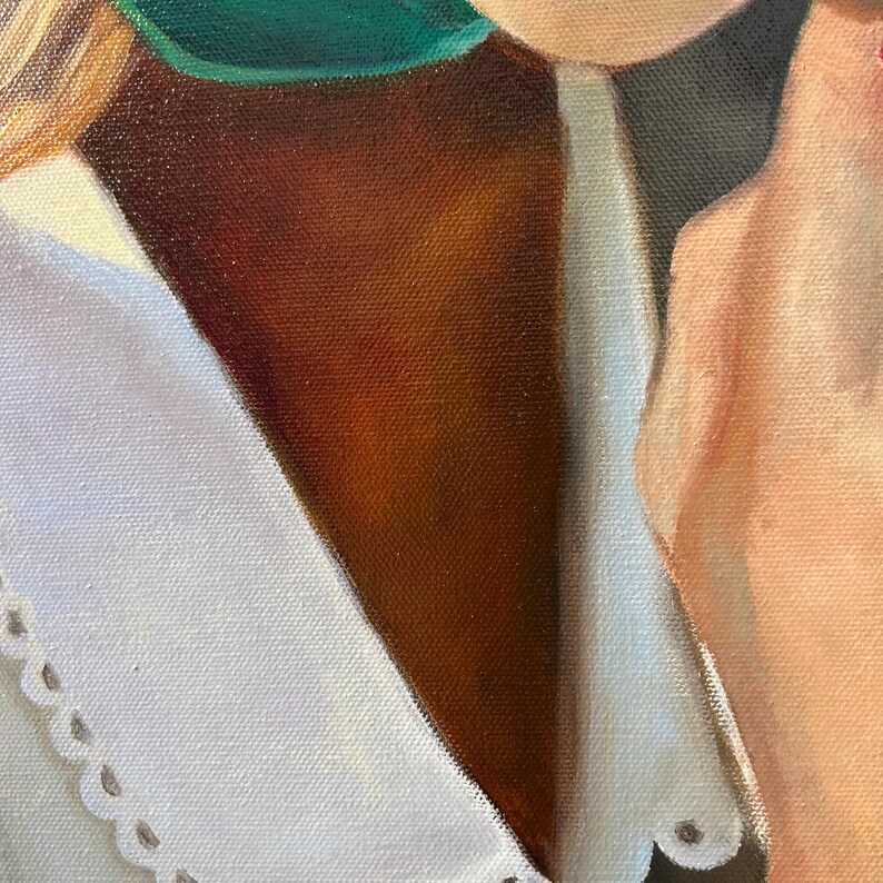 Retrato al óleo original de dos mujeres con pañuelos coloridos en la cabeza. Arte realista. imagen 15