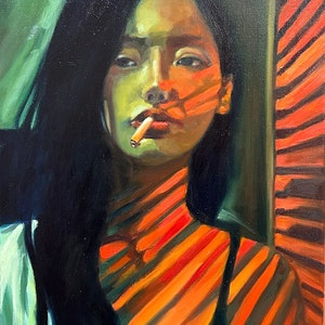 Oil Painting on canvas portrait Smoking woman Wall decor Face Painting Asian Female Painting Hand Painted image 1