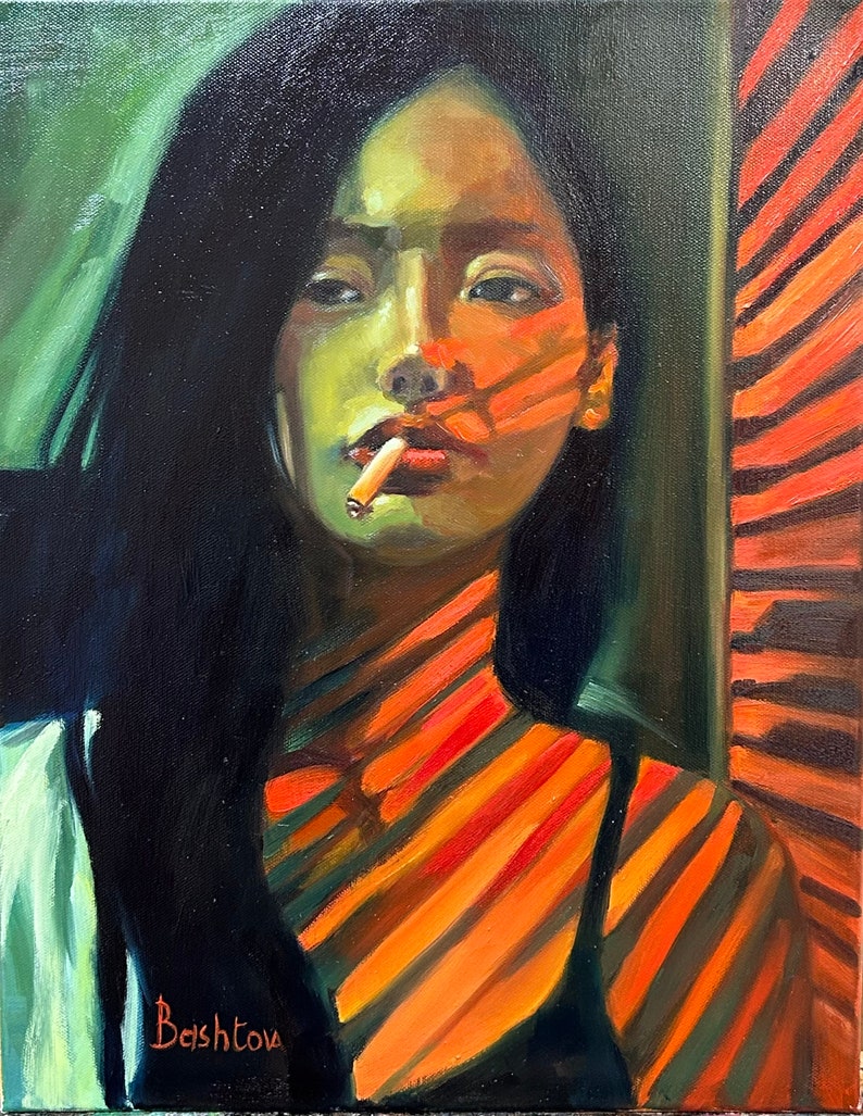 Oil Painting on canvas portrait Smoking woman Wall decor Face Painting Asian Female Painting Hand Painted image 1