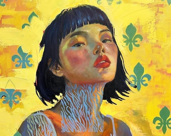 Original Oil Painting, Figurative Female Portrait, Yellow Teal Fleur de Lis, 24x24 Canvas Art