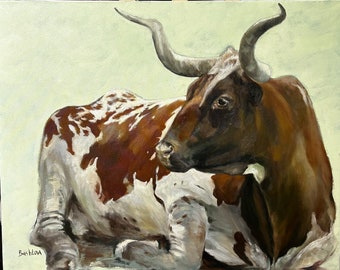 Original Texas Longhorn Oil Painting: Western Ranch Animal Art 30x24