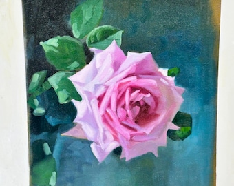 Pintura al óleo original de una rosa rosada, bodegón, 16 x 20, arte floral impresionista para pared