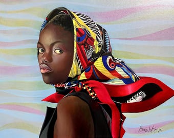 Original Oil Painting Portrait, African Woman Wall Art, Colorful Scarf Canvas Deco