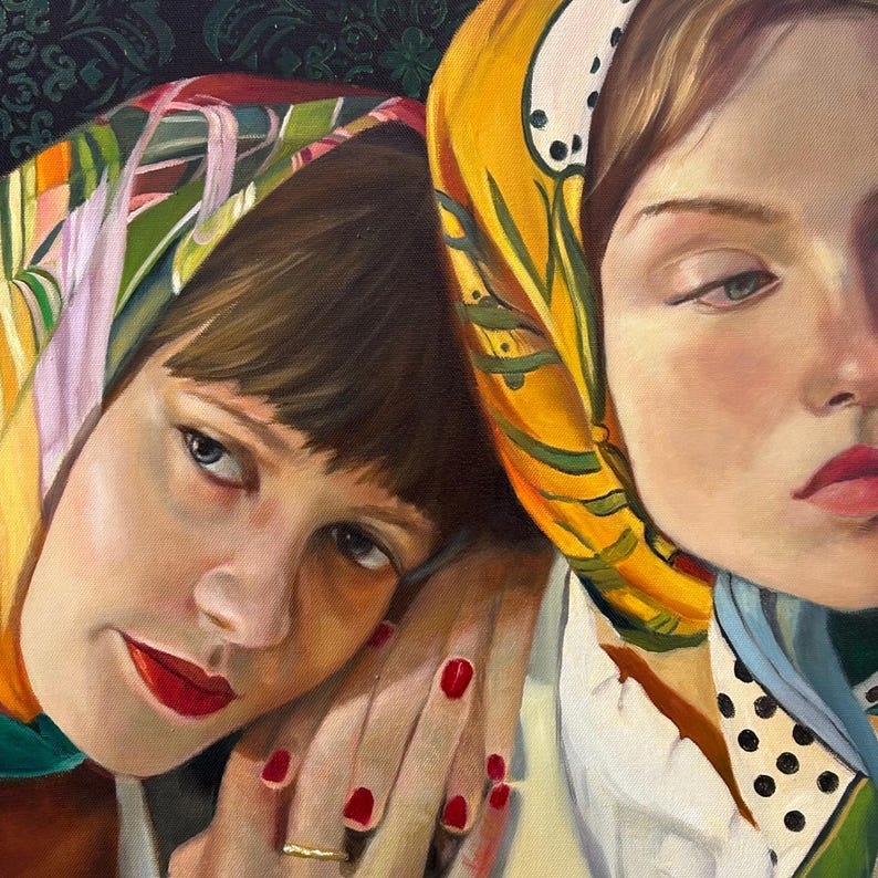 Retrato al óleo original de dos mujeres con pañuelos coloridos en la cabeza. Arte realista. imagen 13