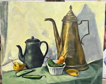Pintura al óleo original de teteras y pimientos, arte de pared para cocina, decoración de comedor