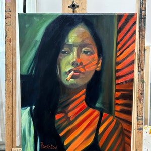 Oil Painting on canvas portrait Smoking woman Wall decor Face Painting Asian Female Painting Hand Painted image 3