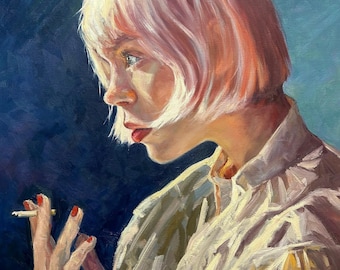 Original Oil Painting Portrait Woman, Contemplative Platinum-Pink Hair, Cinematic Mood Canvas, 24x30 inches
