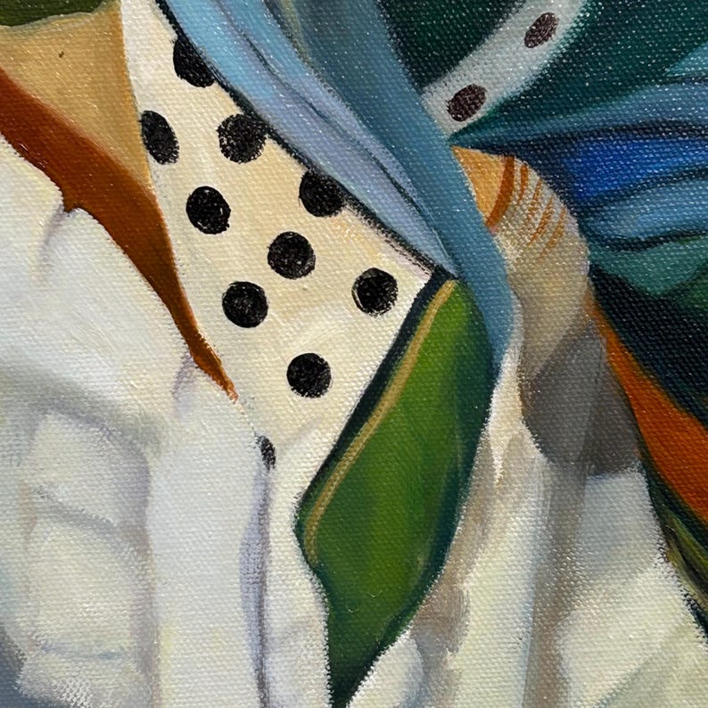 Retrato al óleo original de dos mujeres con pañuelos coloridos en la cabeza. Arte realista. imagen 17