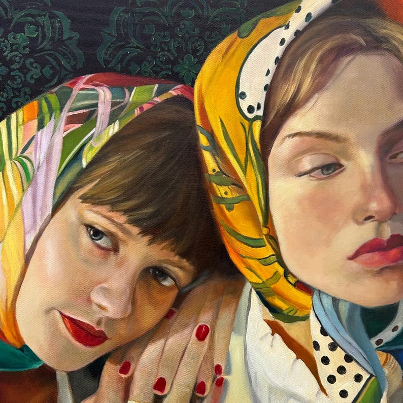 Retrato al óleo original de dos mujeres con pañuelos coloridos en la cabeza. Arte realista. imagen 6