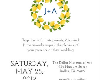 Lemon Wreath Wedding Invitation Square Watercolor