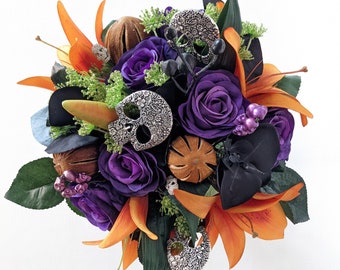 Skulls & Roses Faux Wedding Bouquet – Gothic Bridal, Orange Lilies