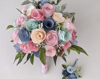 Paper/Artificial Wedding Bouquet and matching Buttonhole - ' Pastels ' Paper Wedding Flowers