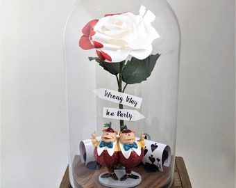 Disney Tweedle Dee & Tweedle Dum -Painted Rose in a Glass Dome - Wedding Decor/Alice in wonderland Fan Gift
