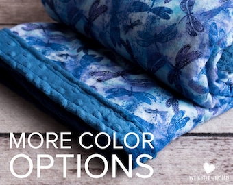 Custom Weighted Blanket for Adult or Teen, Lead-free Glass Microbeads (PATTERN: Embossed Minky & Dragonfly Flannel)