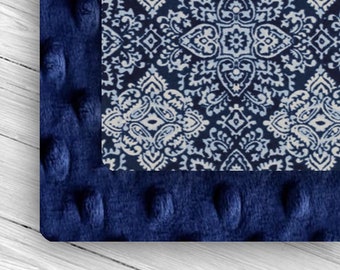 Custom Weighted Blanket for Adult or Teen, Lead-free Glass Microbeads, (PATTERN: Midnight Embossed Minky & Blue Lace Flannel)