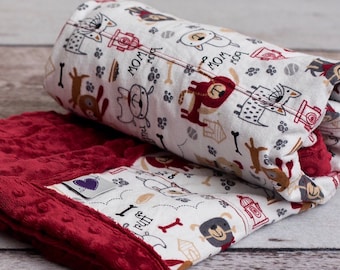 Custom Weighted Blanket / Throw for Toddler or Child, Lead-free Glass Bead Fill, (PATTERN: Crimson Embossed Minky & Bow Wow Flannel)