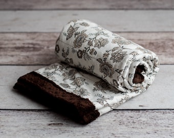 Custom Weighted Blanket for Adult or Teen, Lead-free Glass Microbeads (PATTERN: Mahogany Embossed Minky & Cream Floral)