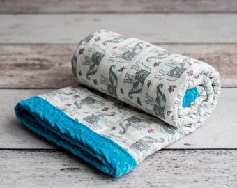 Custom Weighted Blanket for Adult or Teen, Lead-Free Glass Microbeads (PATTERN: Teal Embossed Minky & Elephant Parade Flannel)